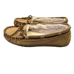 Minnetonka Womens Cally Moccasin Slipper, Size 7, Tan Suede CozyCore‎ Cabincore
